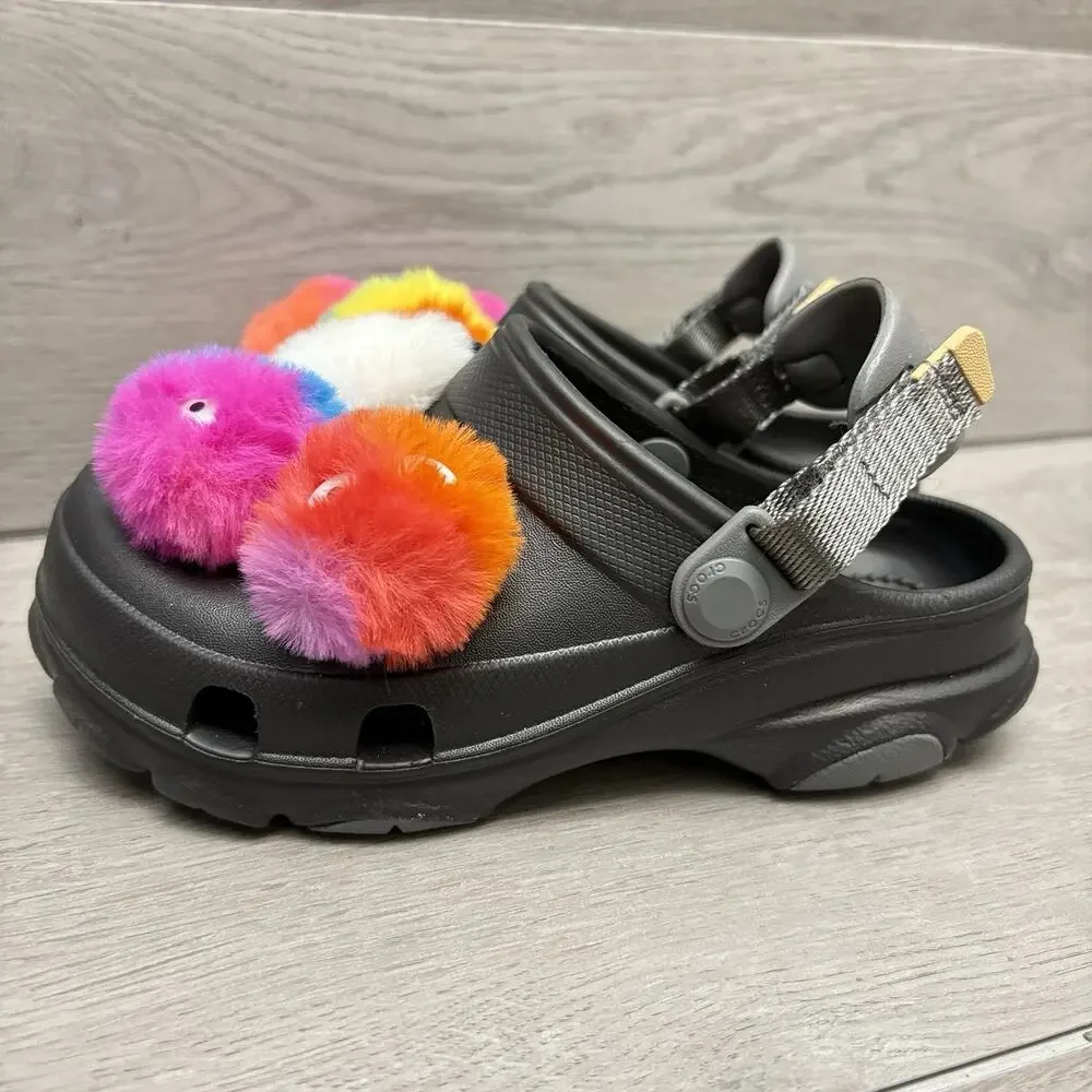 CROCS Charms Clog Sandal Fuzzy Puff Character Jibbitz Black Crocs Youth Size 13C